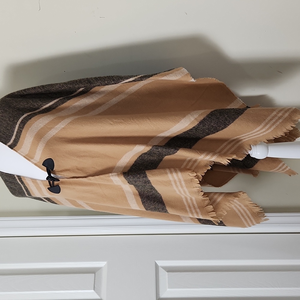 Striped Tan and Gray Poncho with Toggle Closure And Fringe